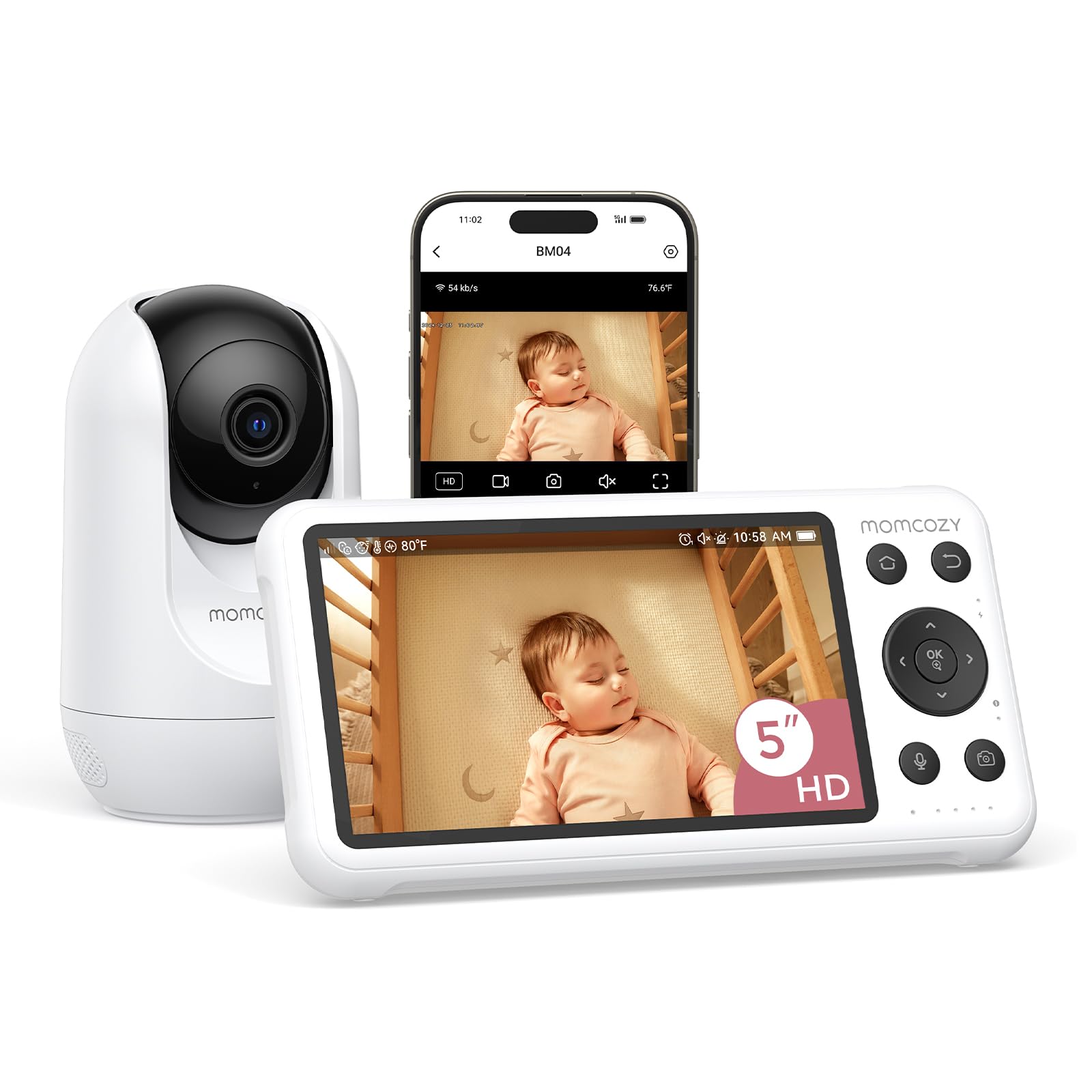 Momcozy BM04 Wi-Fi Baby Monitor with Camera and 5-Inch 1080p Screen – Night Vision, 2-Way Audio and Wall Mount