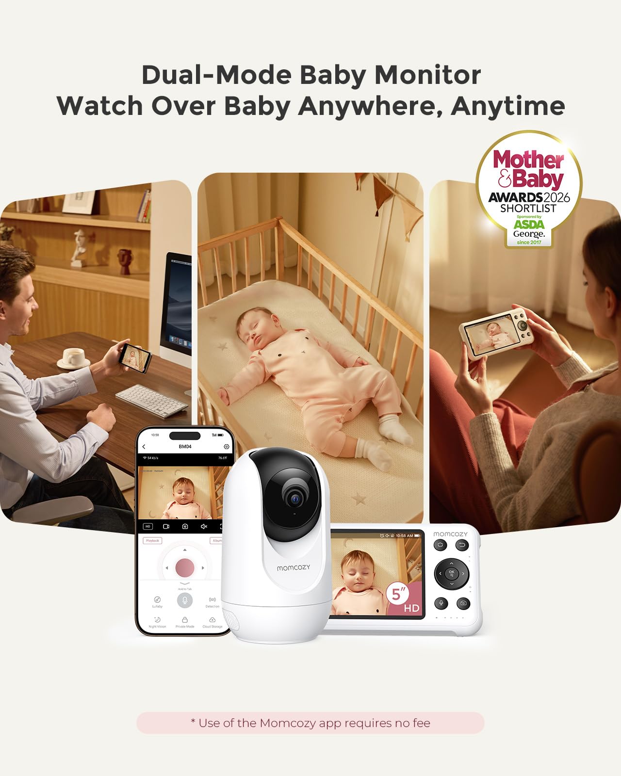 Momcozy BM04 Wi-Fi Baby Monitor with Camera and 5-Inch 1080p Screen – Night Vision, 2-Way Audio and Wall Mount