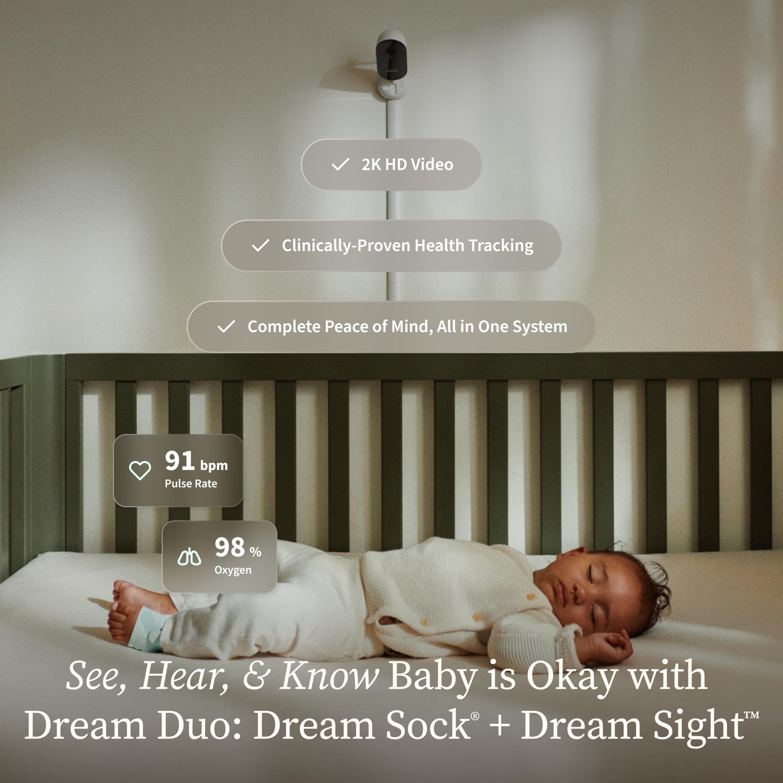 Owlet Dream Duo Gen 3 Smart Baby Monitor with Dream Sock and 2K HD Video Camera – Mint