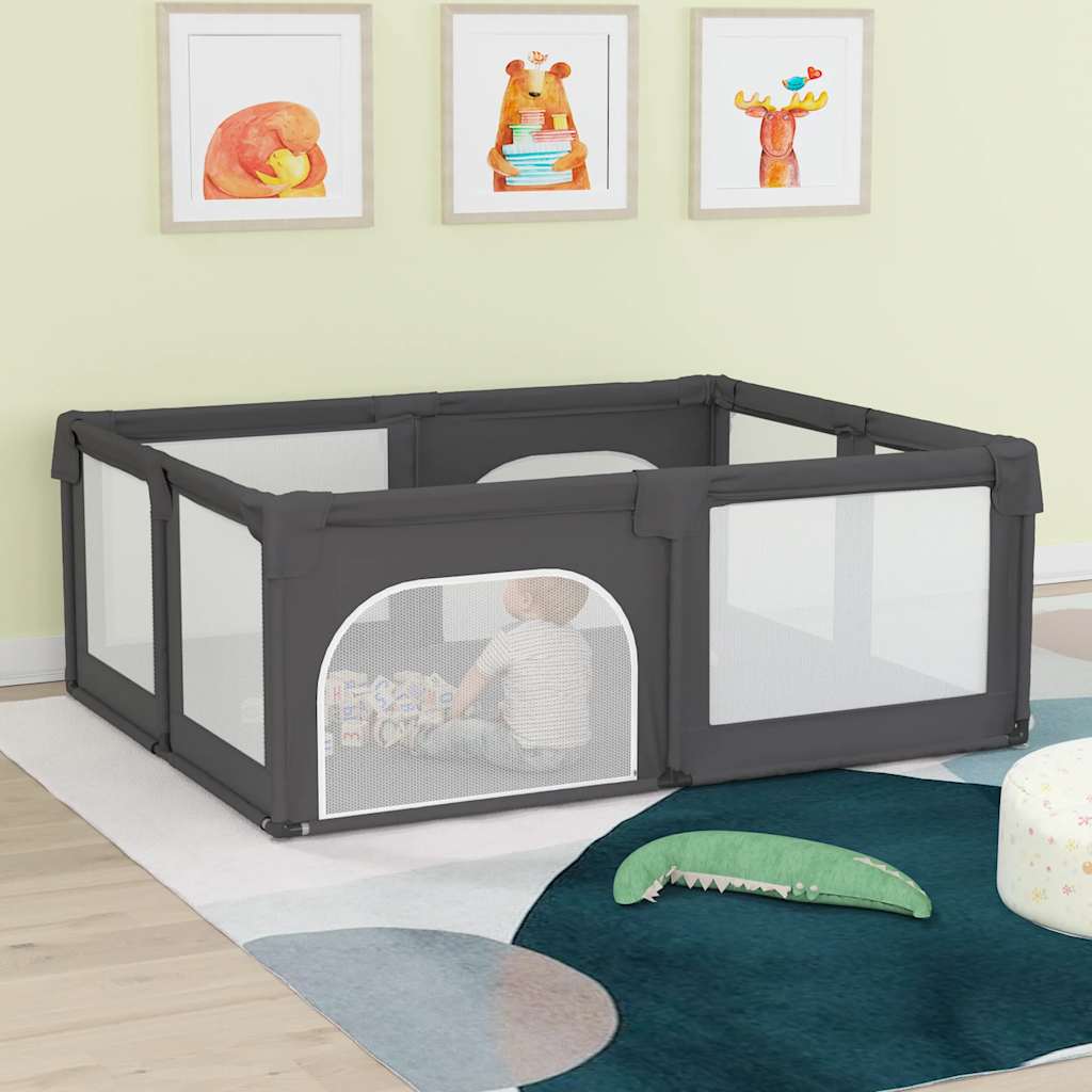 Baby Playpen with 2 Doors – Dark Gray Oxford Fabric Safety Play Yard